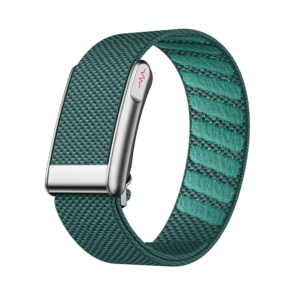 Fitlybuy Kexi-Life smart health bracelet in dark green with a woven fabric band and silver ECG monitoring sensor.