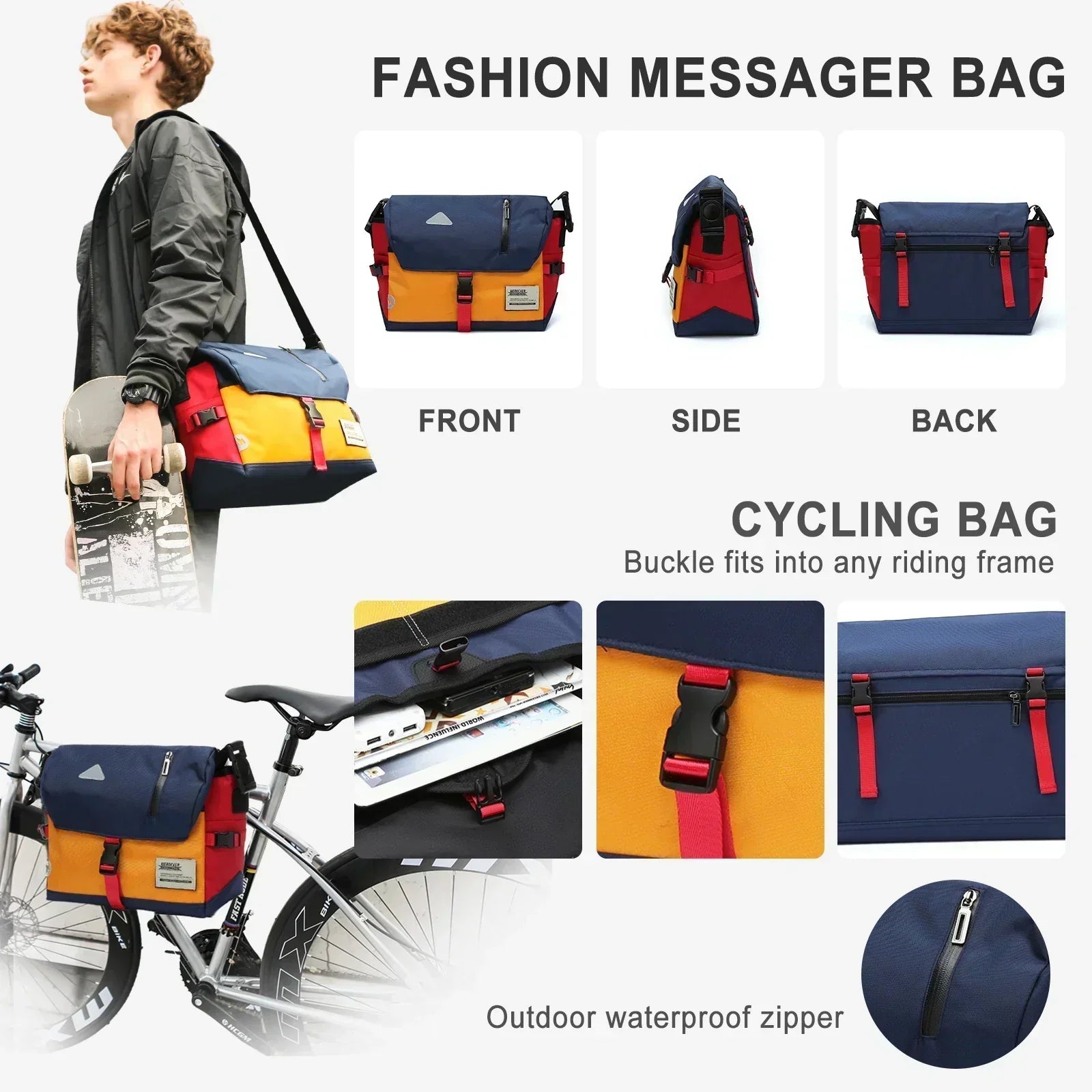 Fitlybuy blue, yellow, red water-resistant crossbody messenger bag shown on a person, bike, and in detailed views.