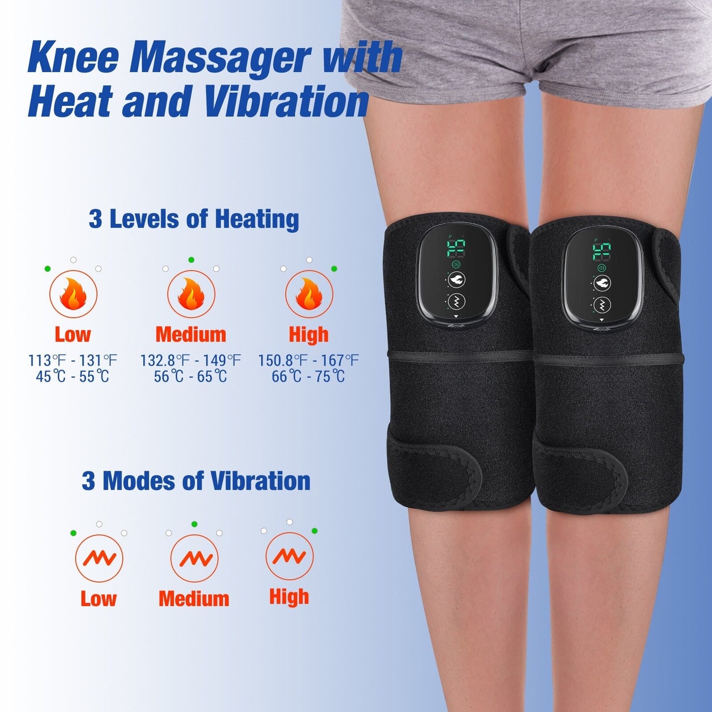 Fitlybuy 3-in-1 black thermal knee massager with LED display showing 3 heat and vibration settings worn on legs.