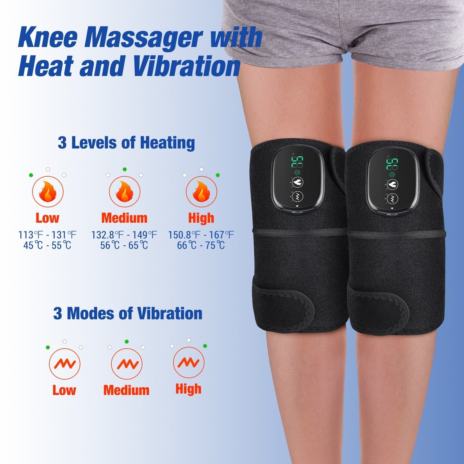 Fitlybuy 3-in-1 black thermal knee massager with LED display showing 3 heat and vibration settings worn on legs.