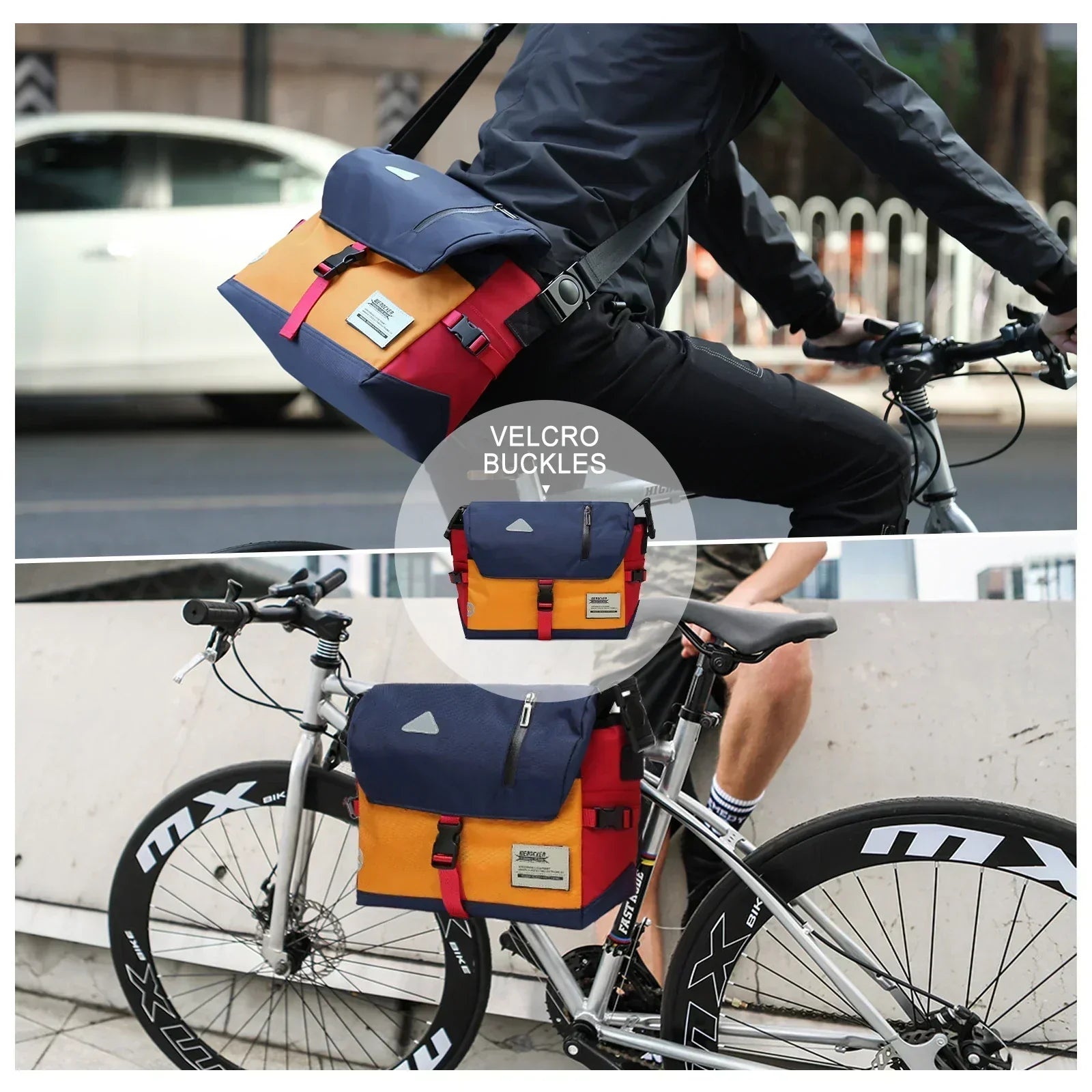 Fitlybuy Luke water-resistant messenger bag in blue, yellow, and red, worn as a crossbody or mounted on a bicycle.
