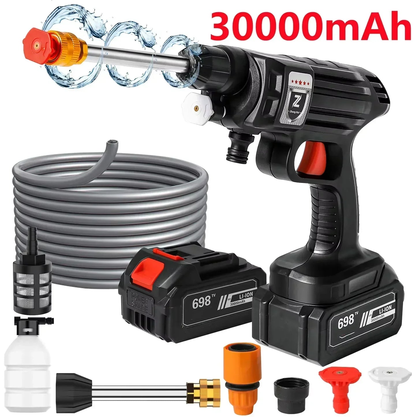 Fitlybuy cordless high-pressure washer with black lithium battery, hose, adjustable nozzles, and foam bottle accessories.