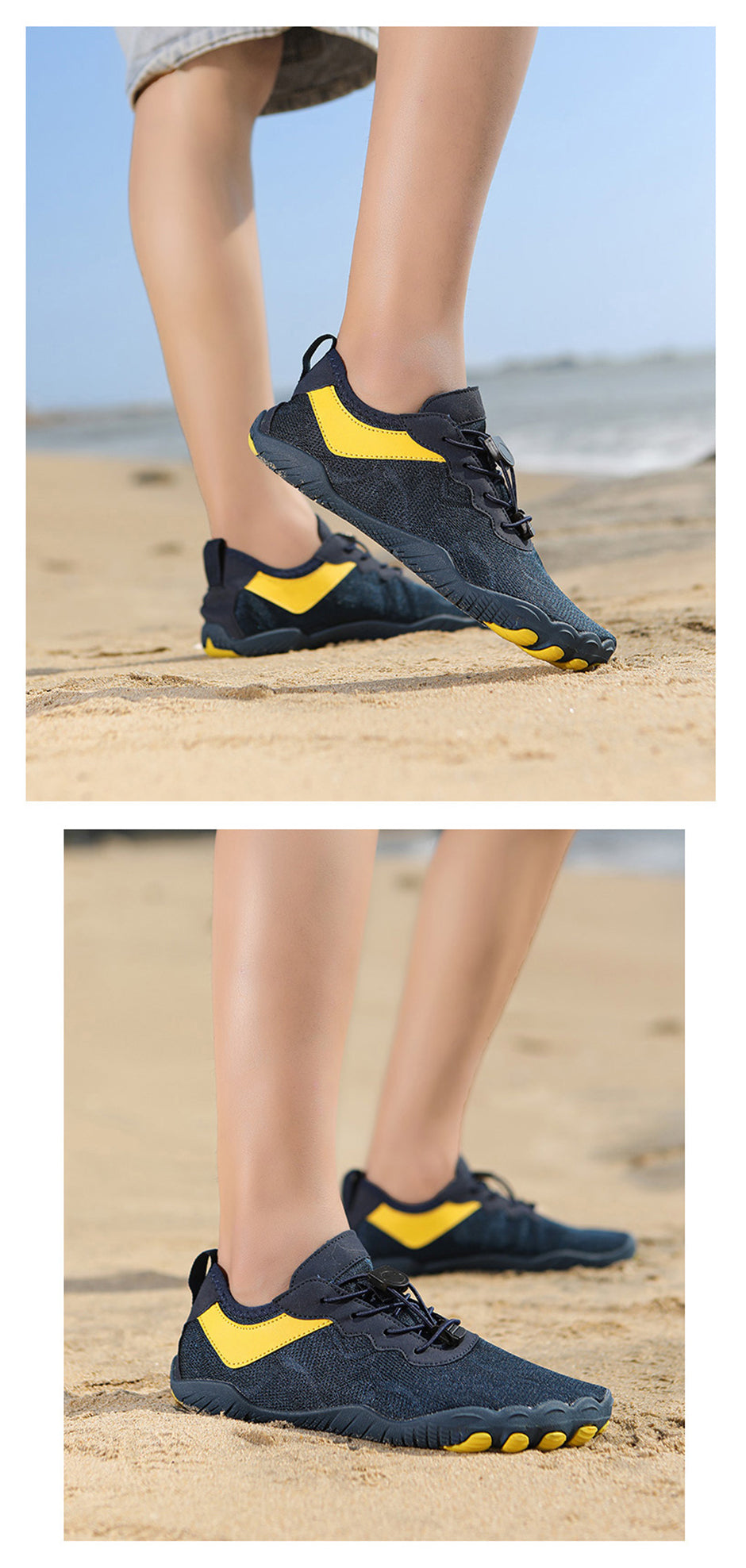 Person wearing dark blue and yellow Fitlybuy AquaStep quick-dry non-slip barefoot water shoes on a sandy beach.