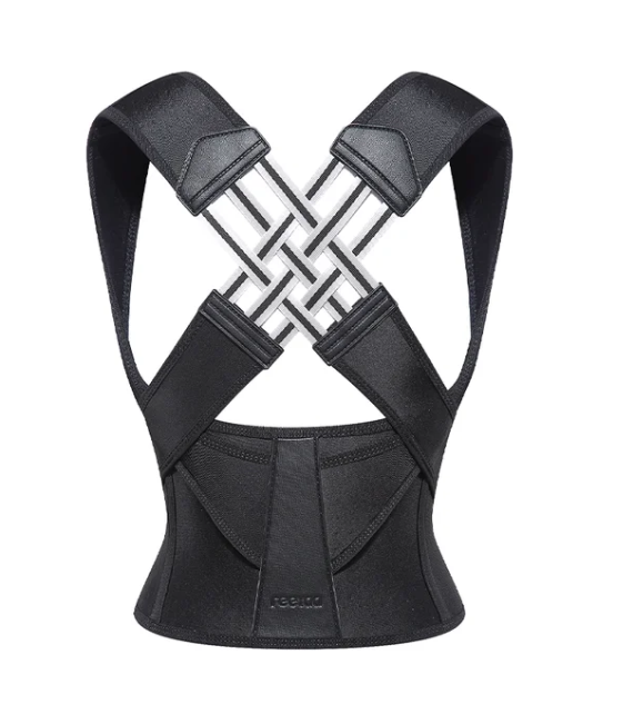 Black Fitlybuy adjustable back posture corrector with crisscross straps and ComfortFlex support system on white.
