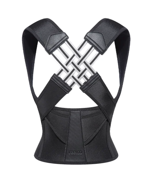Black Fitlybuy adjustable back posture corrector with crisscross straps and ComfortFlex support system on white.