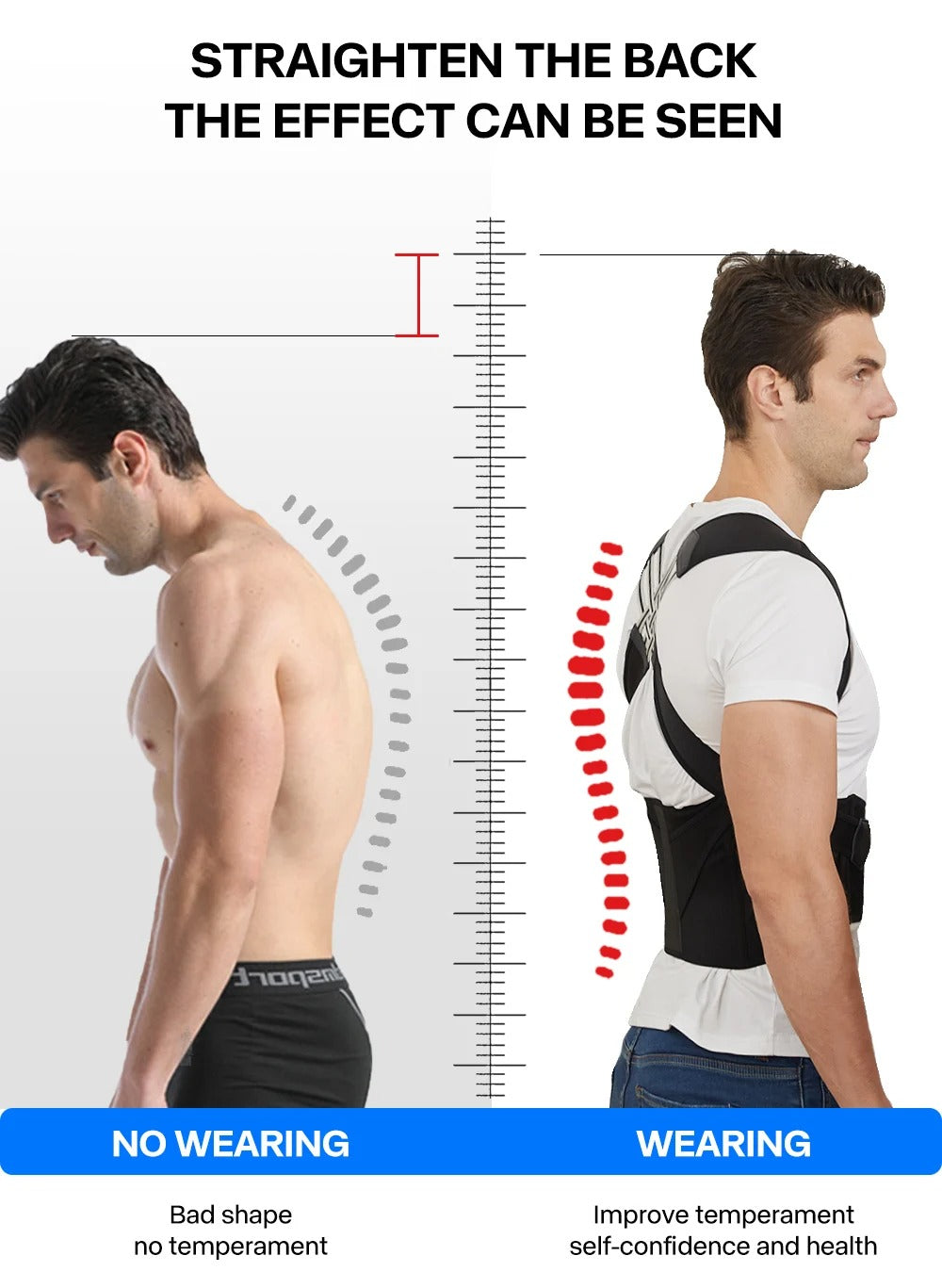 Before and after showing a man wearing a black Fitlybuy adjustable posture corrector belt to improve spinal alignment.