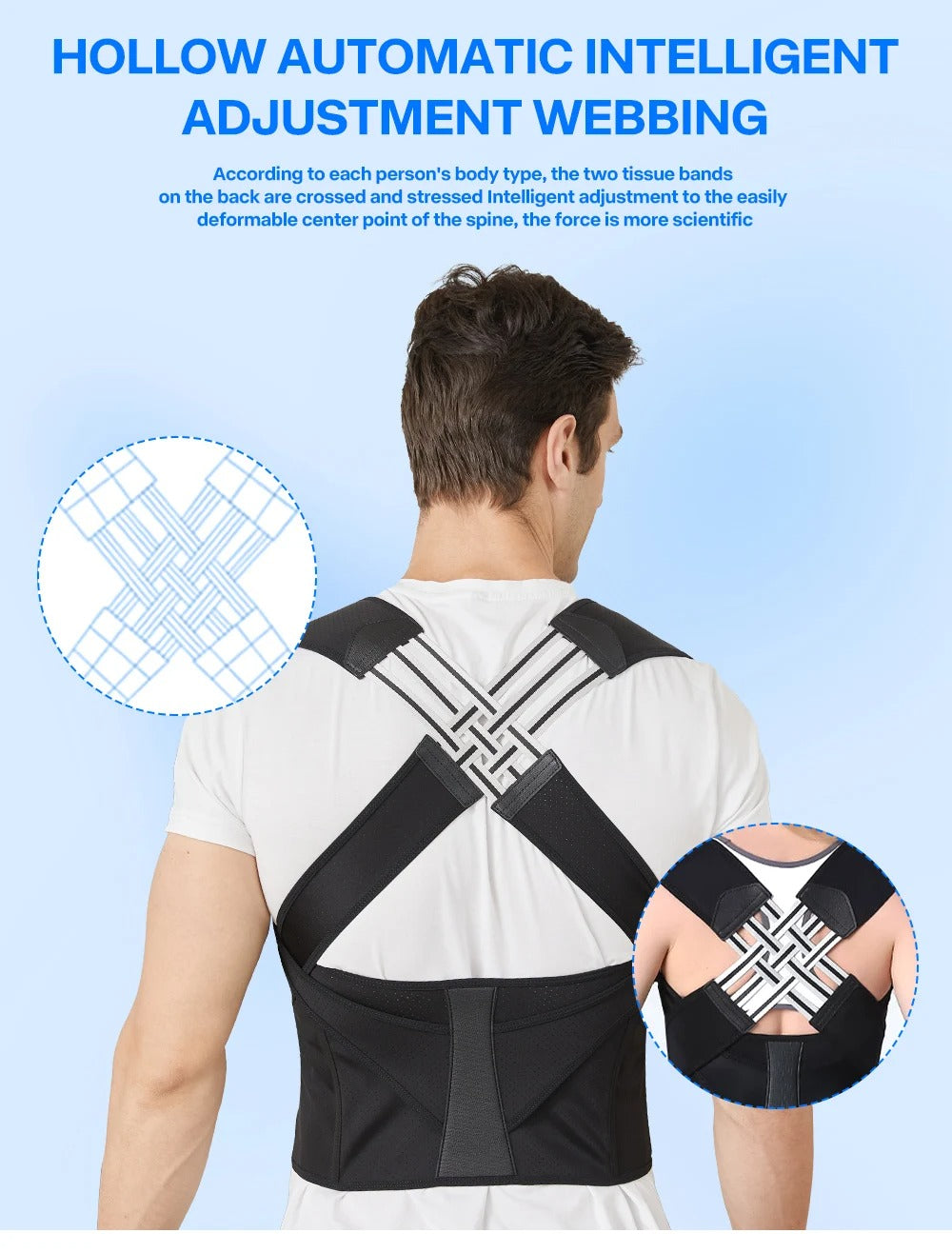 Fitlybuy adjustable black posture corrector belt on a man, featuring a crossed, hollow-weave webbing design for back support.