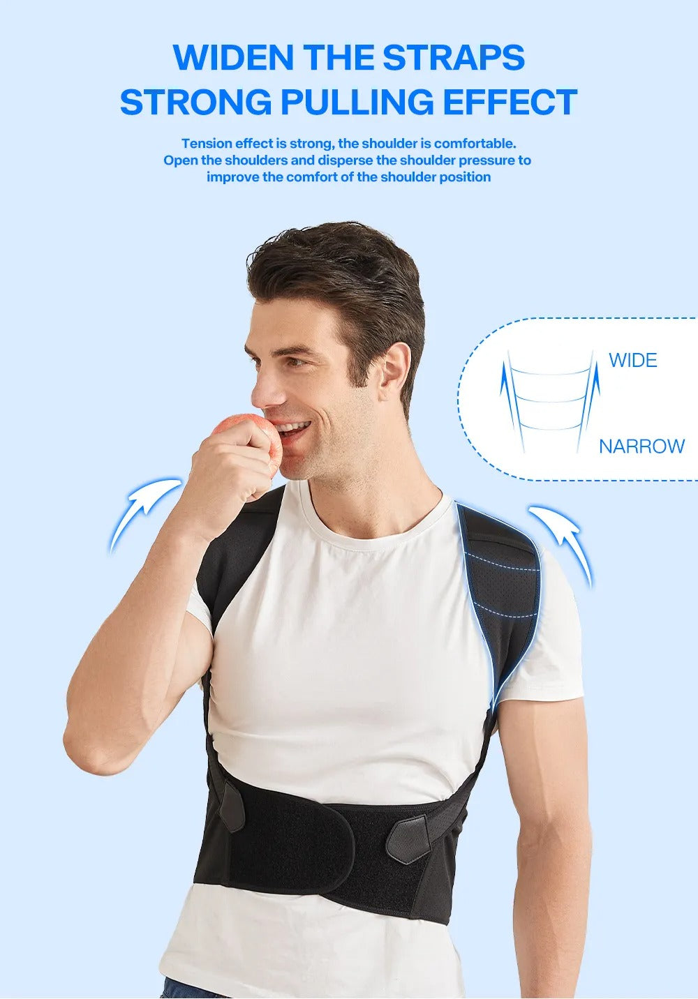 Man wearing black Fitlybuy adjustable posture corrector belt with wide ergonomic shoulder straps over a white t-shirt.