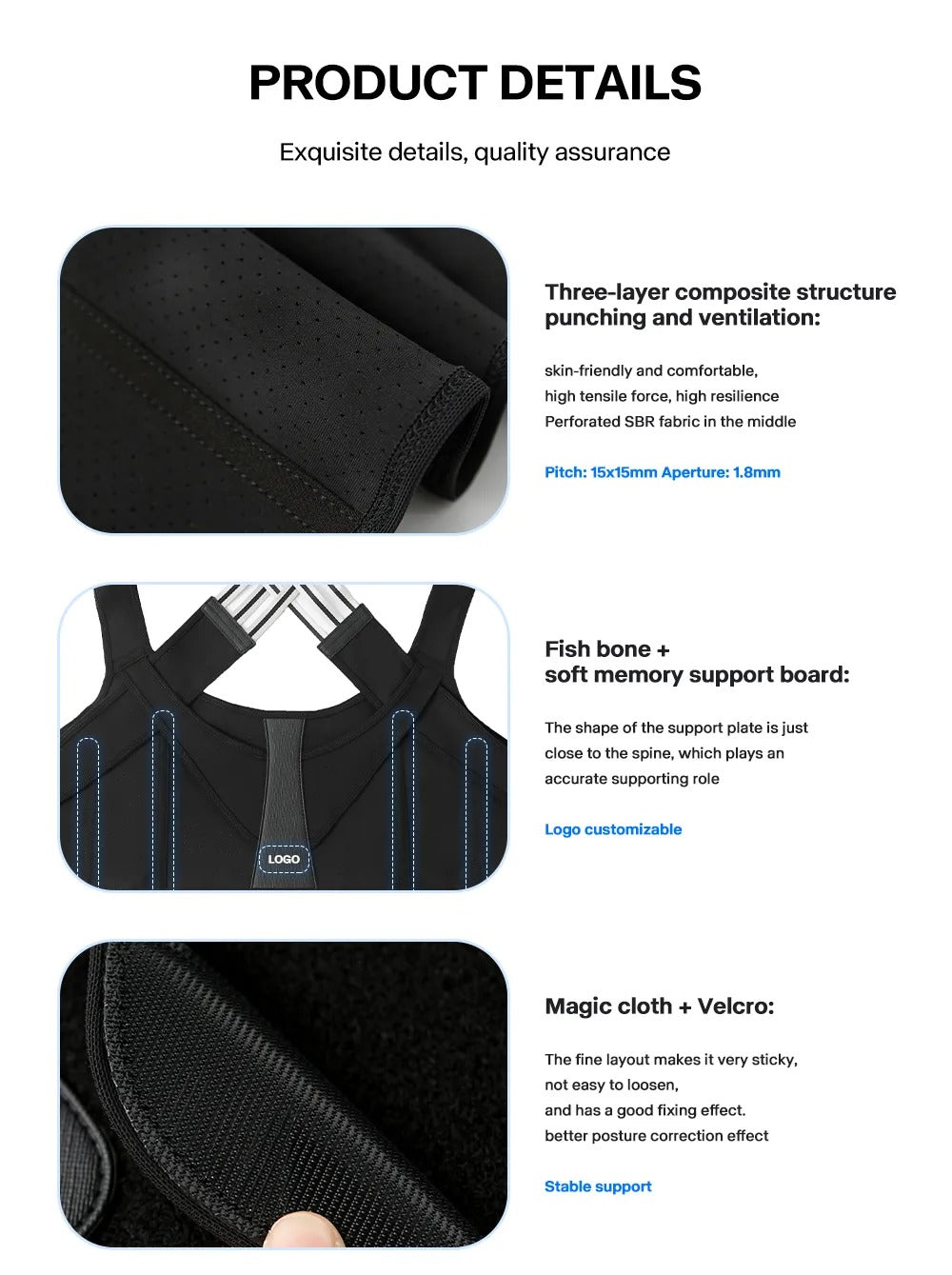 Fitlybuy adjustable black back posture corrector showing perforated fabric, memory support boards, and Velcro straps.