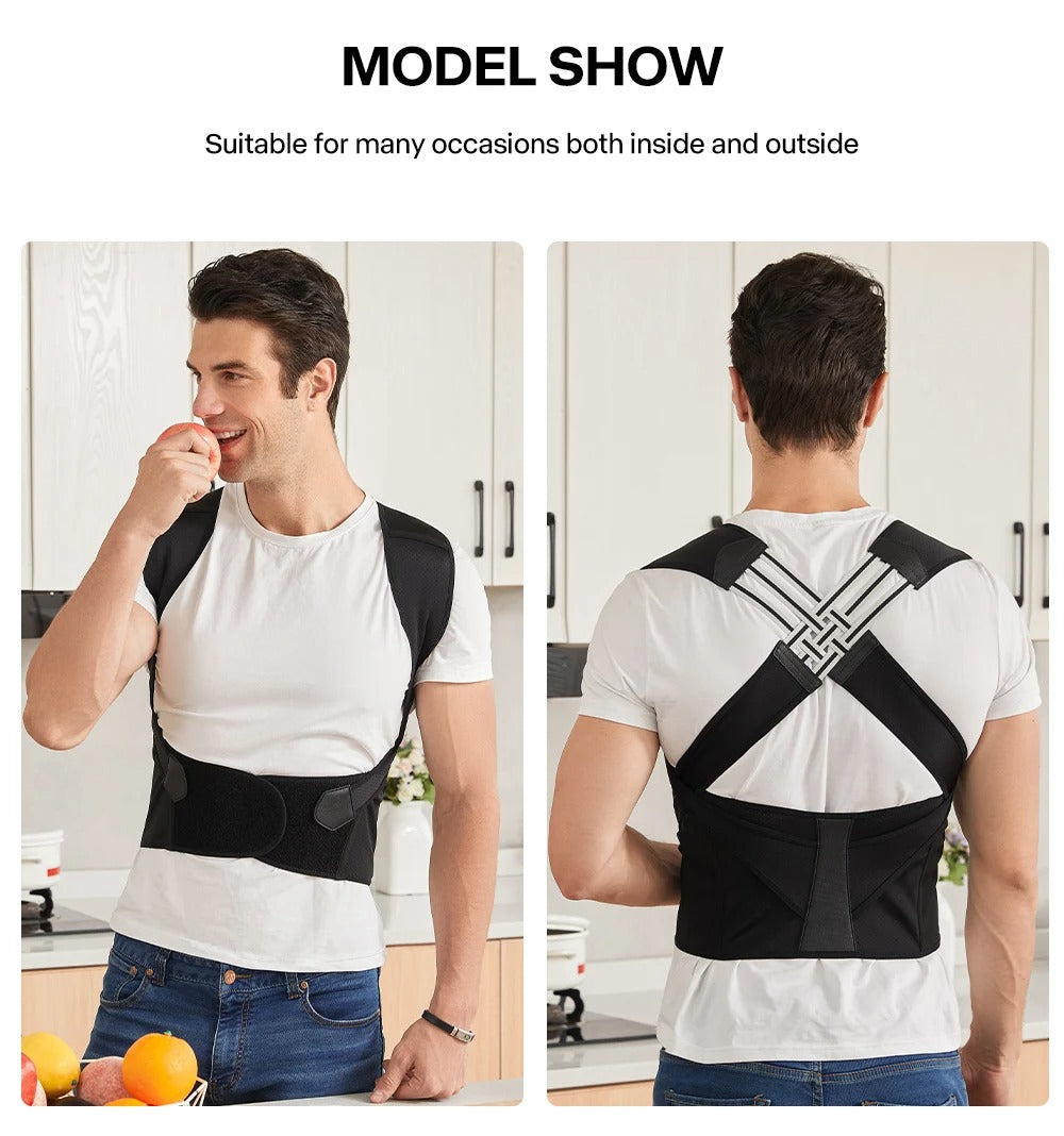 Man wears black Fitlybuy adjustable posture corrector belt with ergonomic support straps over a white t-shirt in kitchen.