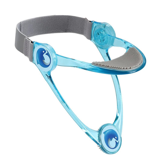 Fitlybuy blue ergonomic neck brace with folding design, grey comfort pads, and an adjustable elastic head strap.
