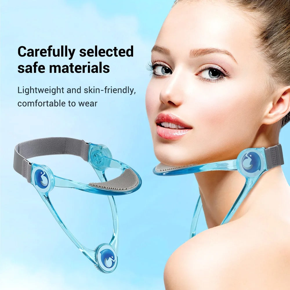 Fitlybuy ergonomic blue folding neck brace with grey textured padding, shown being worn by a woman against a blue sky.