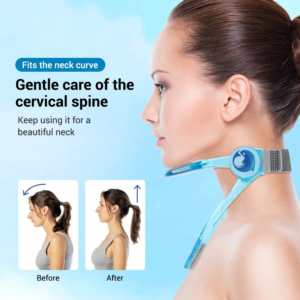 Blue Fitlybuy adjustable neck brace on a woman, showing before and after posture correction.