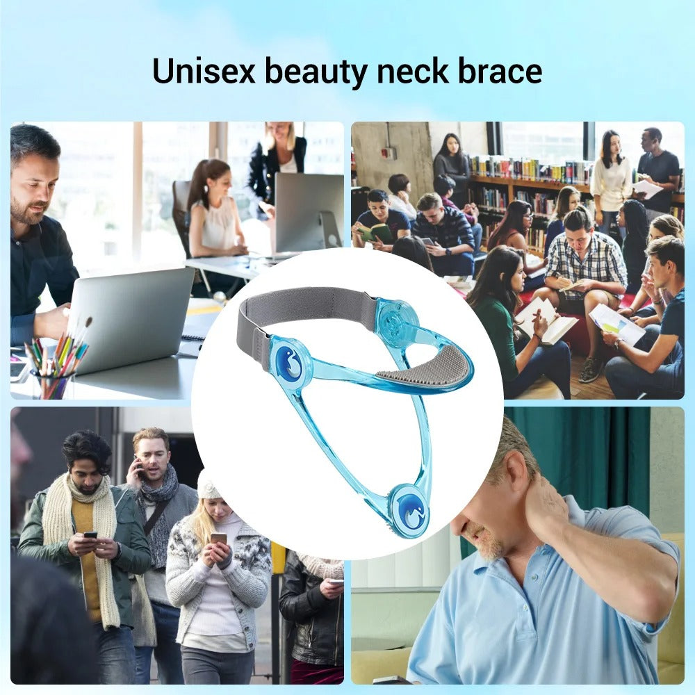 Blue Fitlybuy adjustable neck brace with gray strap and ergonomic design, shown with people using it in daily settings.