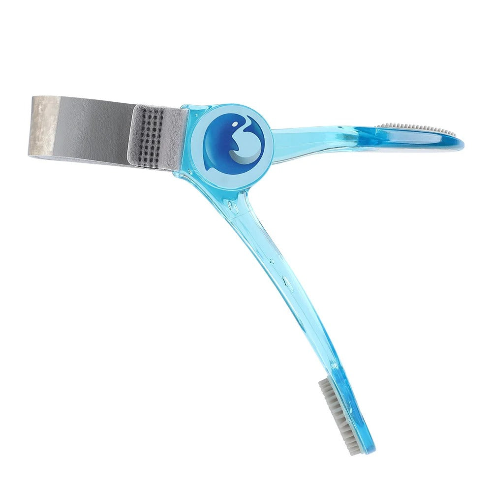 Fitlybuy blue, ergonomic folding neck brace with a grey strap and cushioned supports against a white background.