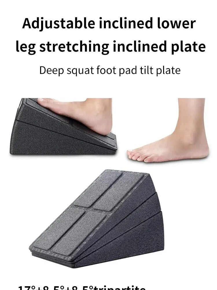 Black Fitlybuy adjustable slant board for calf stretching, showing ergonomic design and feet using the incline wedge.