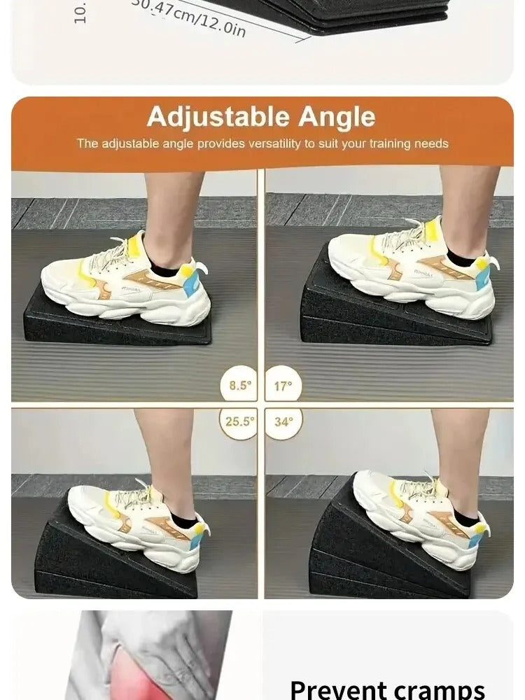 Fitlybuy black adjustable slant board for calf stretching shown at 8.5°, 17°, 25.5°, and 34° angles with a user’s shoe.