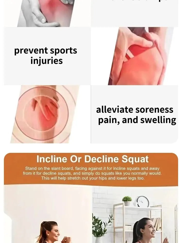 Fitlybuy adjustable slant board for calf stretching, showing injury prevention, pain relief, and squat exercise techniques.