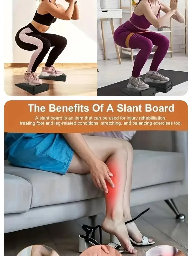 Fitlybuy black adjustable slant board for calf stretching, shown with people squatting and massaging a sore lower leg.