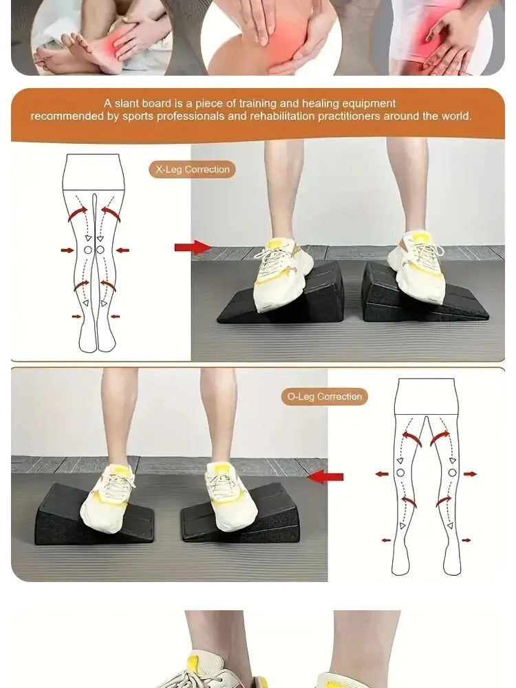 Black Fitlybuy adjustable slant board for calf stretching, showing X-leg and O-leg correction exercises on a mat.