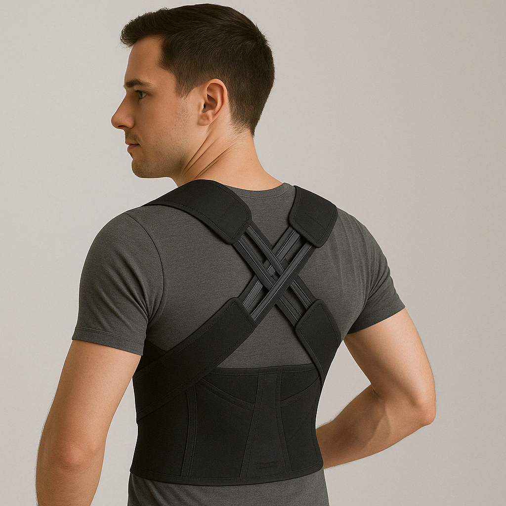 Man wearing a black Fitlybuy adjustable posture corrector belt over a gray t-shirt with ergonomic X-back support.