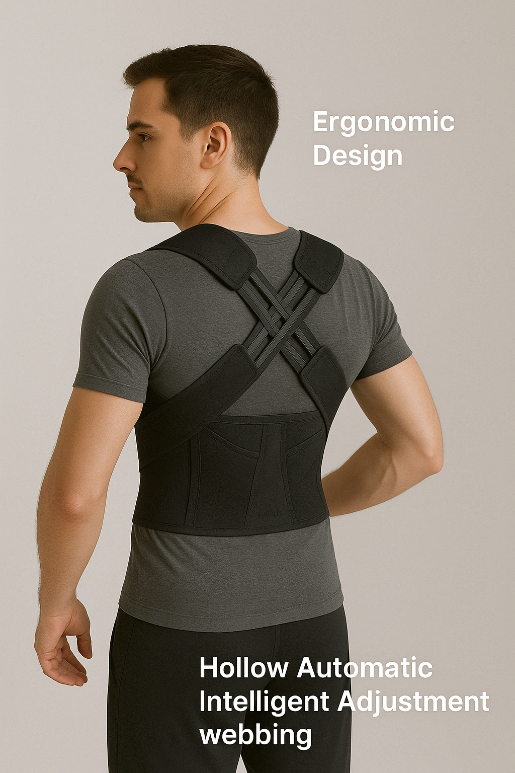 Man wearing a black Fitlybuy adjustable posture corrector belt over a gray T-shirt, showing ergonomic back support.