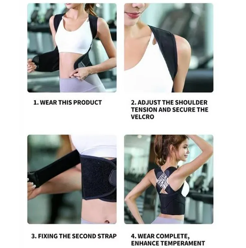 Fitlybuy black adjustable posture corrector with ComfortFlex support, shown on a woman in a gym setting.
