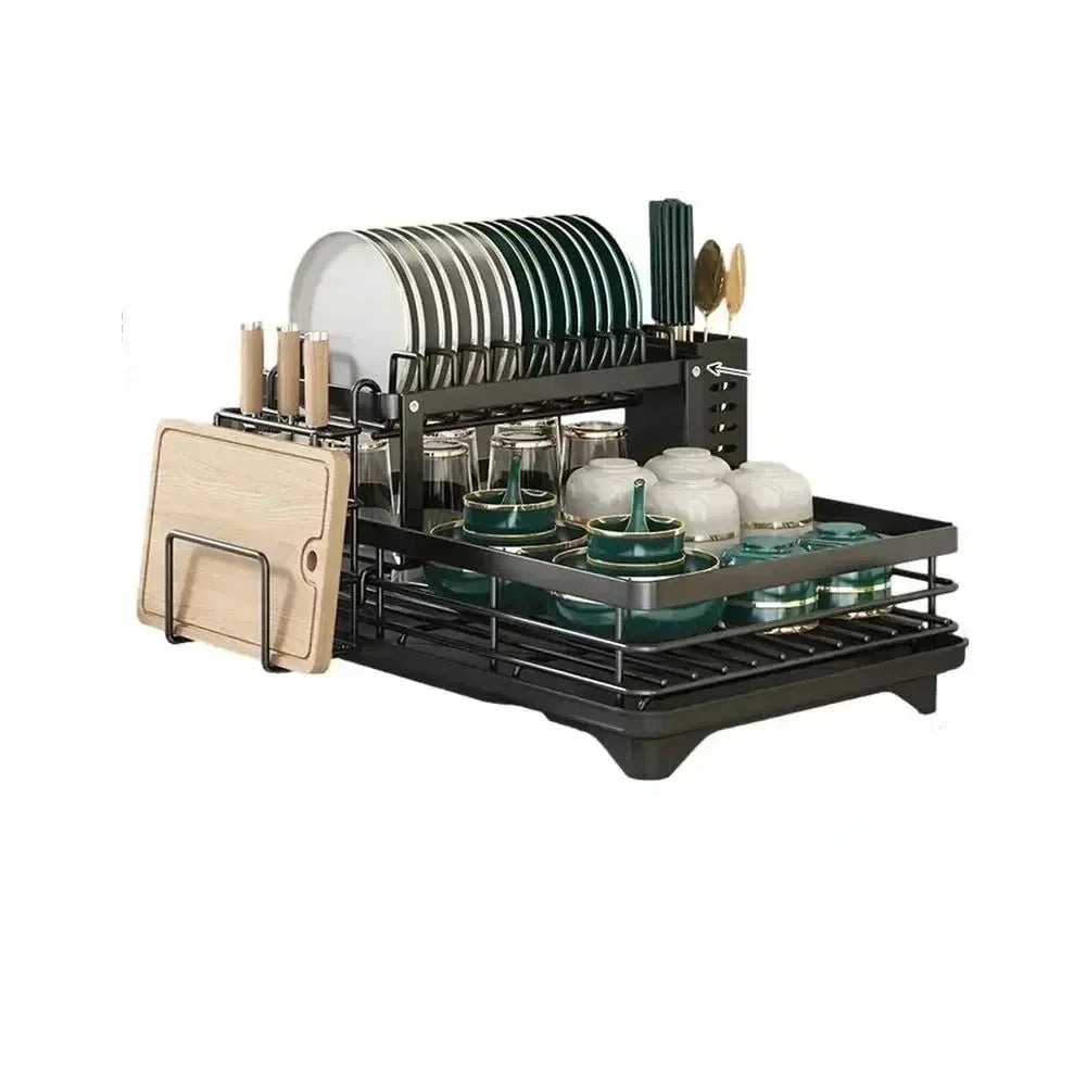 Black, two-tier Fitlybuy adjustable dish drying rack with storage for plates, bowls, utensils, and a cutting board.