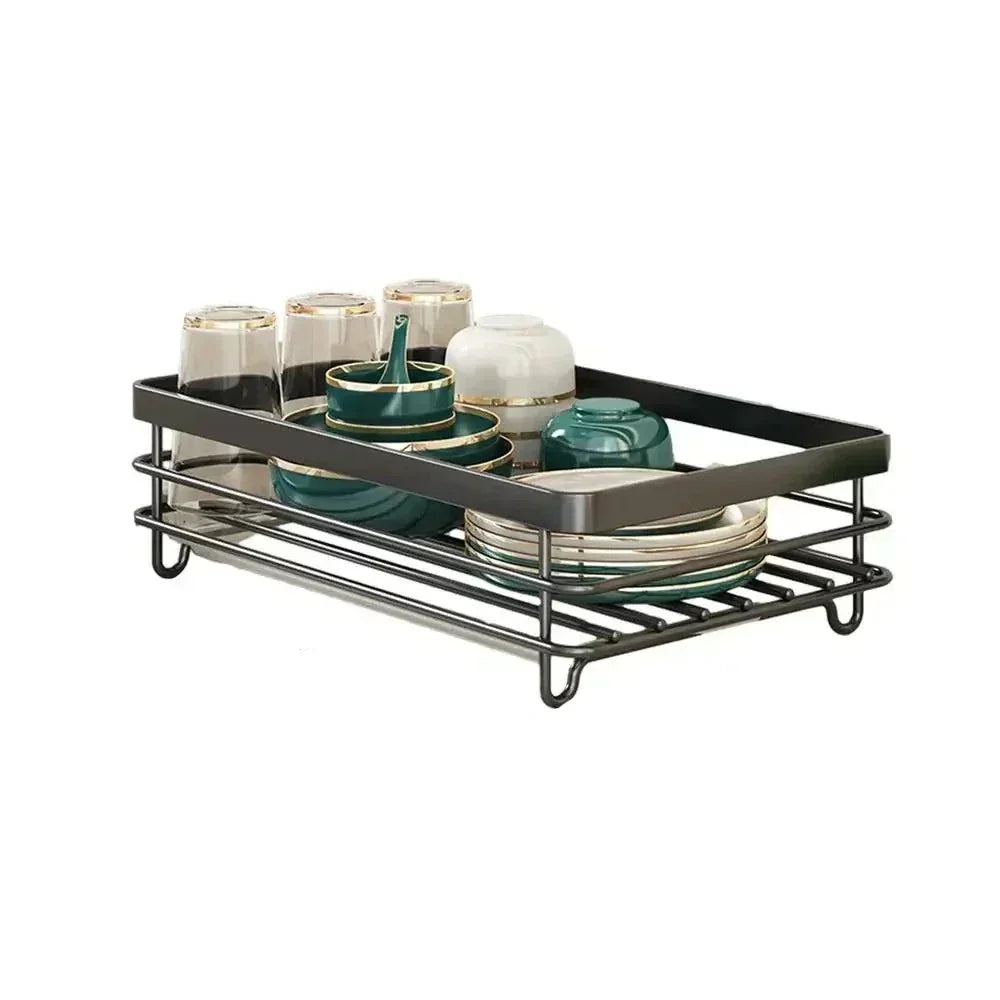 Fitlybuy black metal dish drying rack holding stacked bowls, plates, and glasses, designed for efficient kitchen storage.