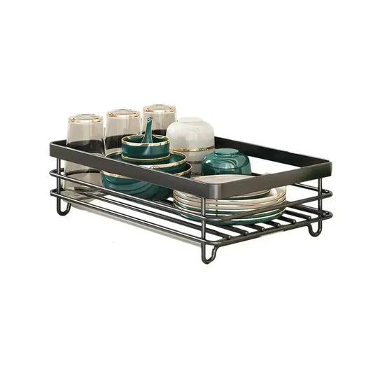 Fitlybuy black metal dish drying rack holding stacked bowls, plates, and glasses, designed for efficient kitchen storage.