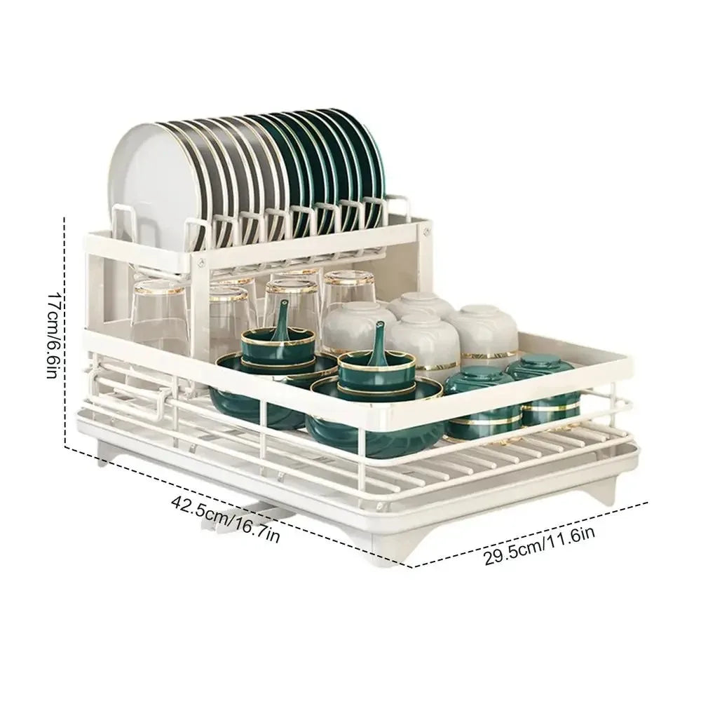 White two-tier adjustable dish drying rack holding plates, bowls, and glasses with measurement labels on a white background.