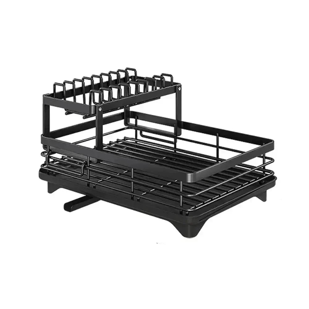 Fitlybuy adjustable black metal dish drying rack with a space-saving two-tier design on a white background.