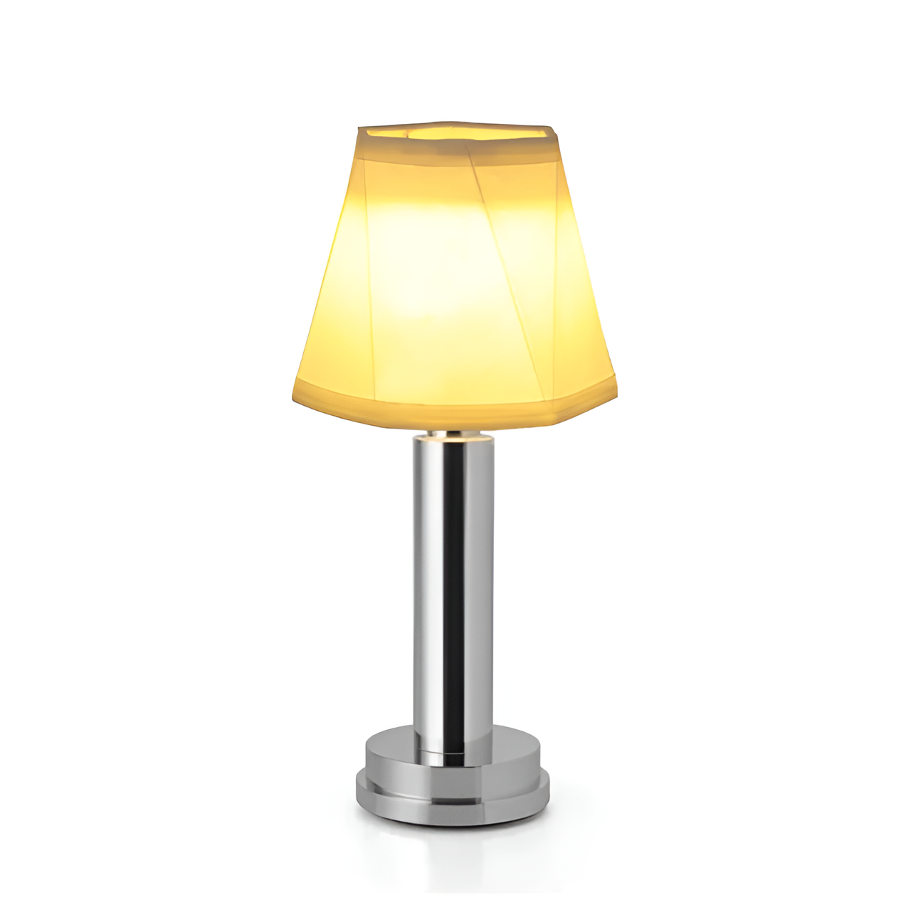 Fitlybuy portable table lamp with a silver aluminium base and a glowing, dimmable geometric cream fabric shade.
