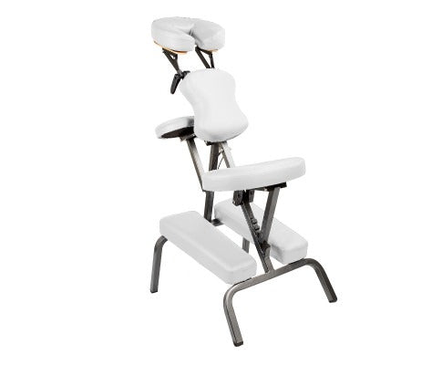 Fitlybuy AlumaCare portable massage chair in white with adjustable ergonomic padding and dark metal frame on white.