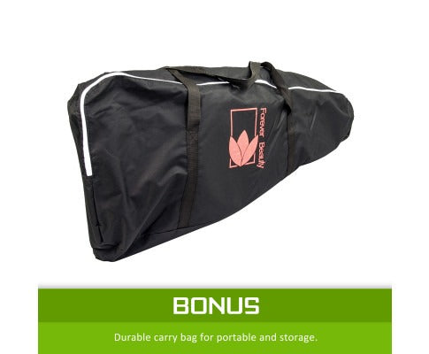 Fitlybuy AlumaCare portable massage chair black carry bag with handles, white piping, and pink Forever Beauty logo.
