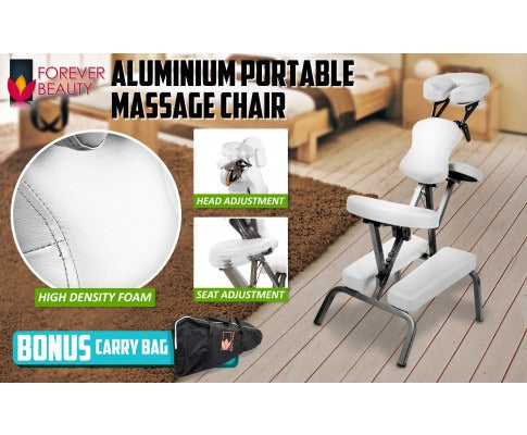 Fitlybuy AlumaCare portable white massage chair with adjustable headrest, seat, and foam padding, includes a carry bag.