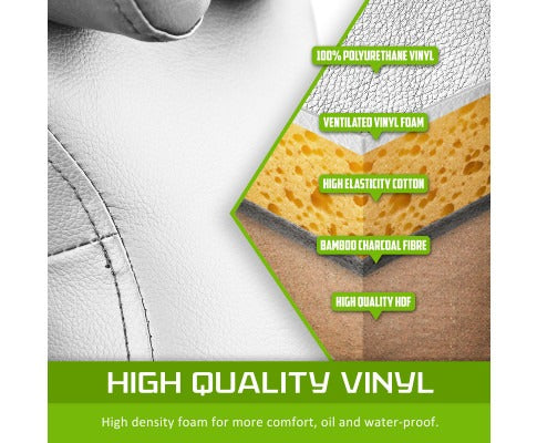 Fitlybuy AlumaCare massage chair cushion layers: white vinyl, foam, cotton, and bamboo charcoal fiber for comfort.