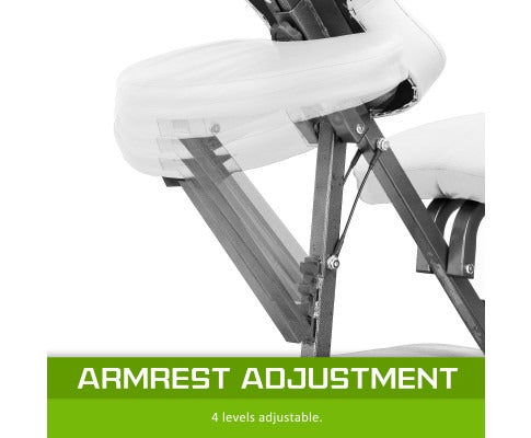 Fitlybuy AlumaCare portable massage chair with white cushions and a metal frame, showing 4-level adjustable armrests.