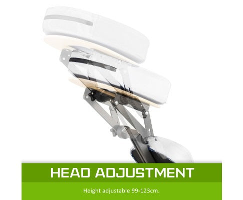Fitlybuy AlumaCare massage chair showing adjustable white headrest mechanism with text overlay "HEAD ADJUSTMENT."