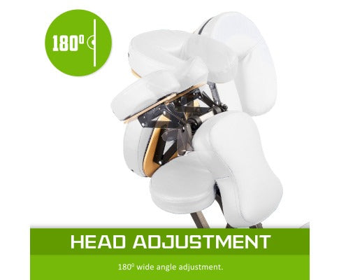 Fitlybuy AlumaCare portable white massage chair featuring a headrest with 180-degree ergonomic angle adjustment.