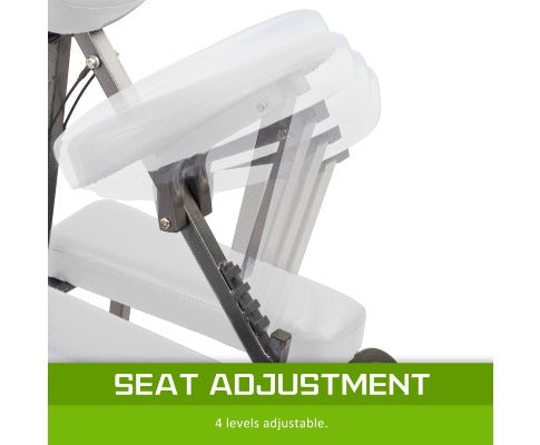 Fitlybuy AlumaCare portable massage chair showing white cushioned seat with 4-level adjustable metal frame mechanism.