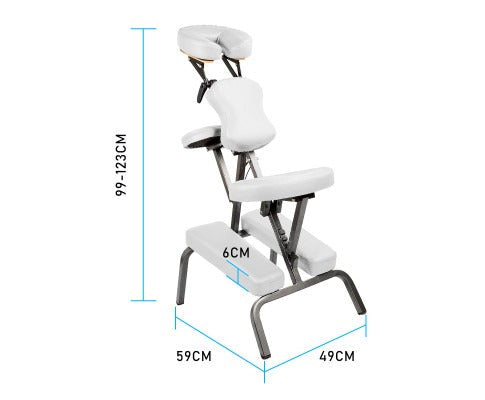White Fitlybuy AlumaCare portable massage chair showing ergonomic cushions, adjustable frame, and product dimensions.