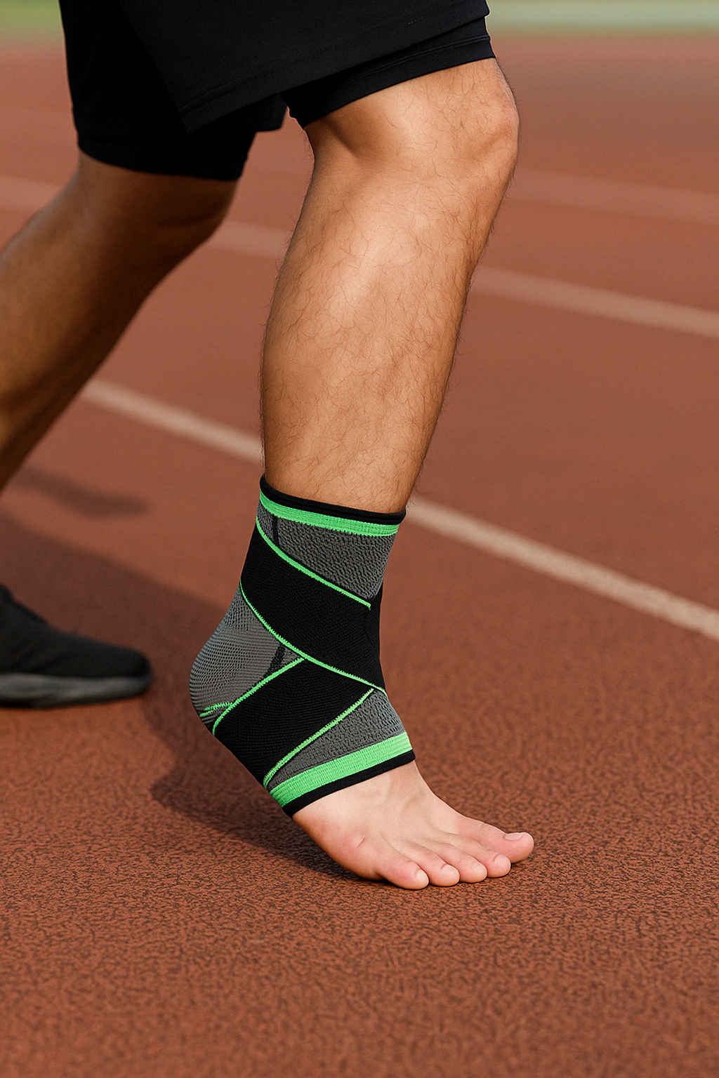 Fitlybuy compression ankle brace with black and grey fabric and neon green trim, worn on a runner's foot on a track.