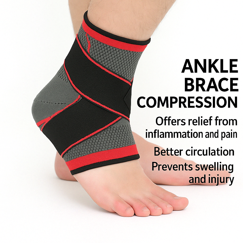Fitlybuy grey and black compression ankle brace with red trim worn on a foot to provide support and pain relief.