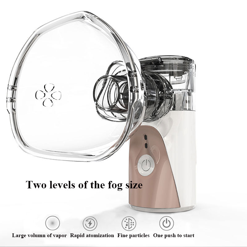 Fitlybuy portable white and rose gold nebulizer with a clear mask and power button, featuring two-level mist control.