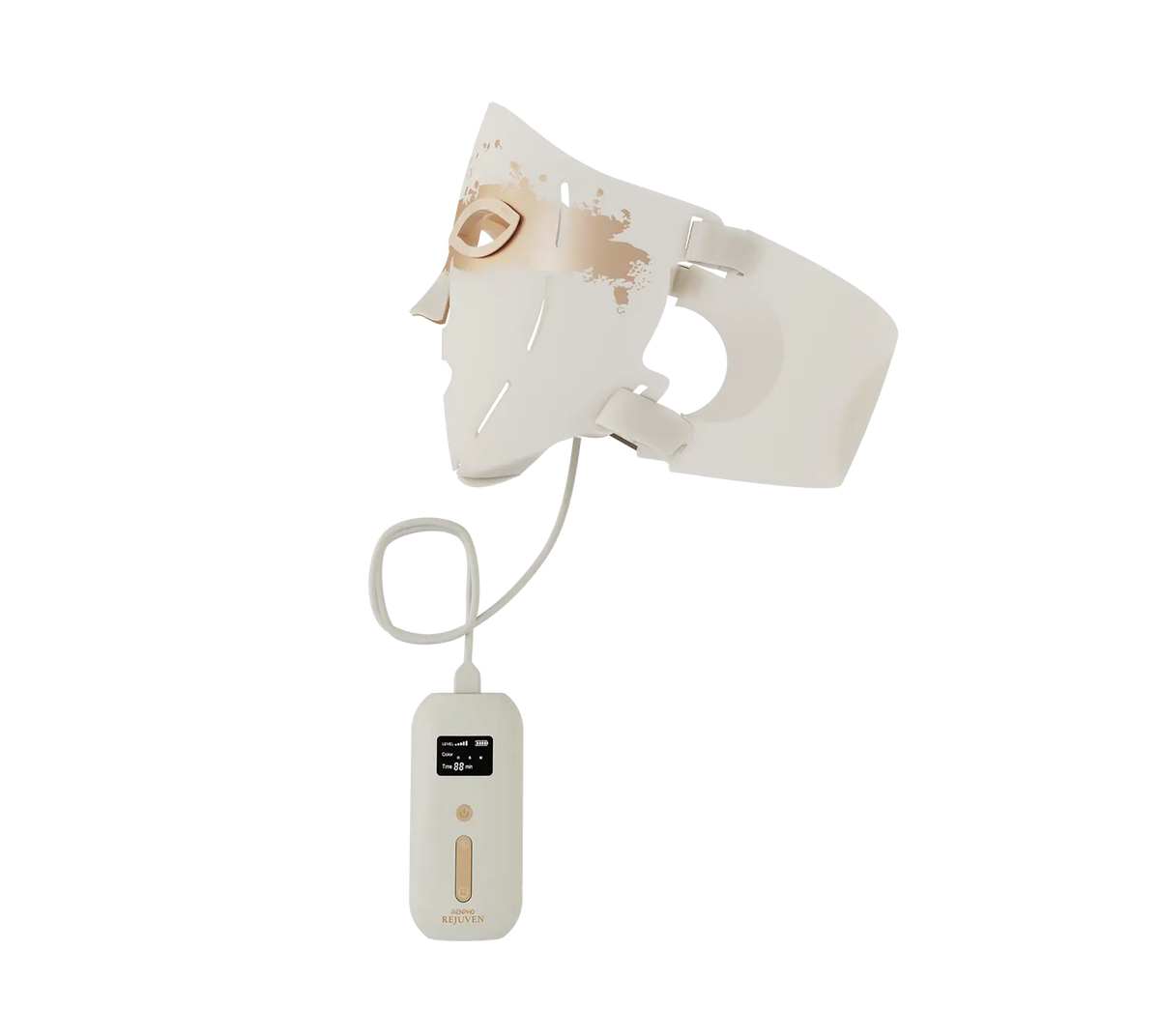 Fitlybuy Artemis LED therapy mask in white and rose gold with remote control on a black background.