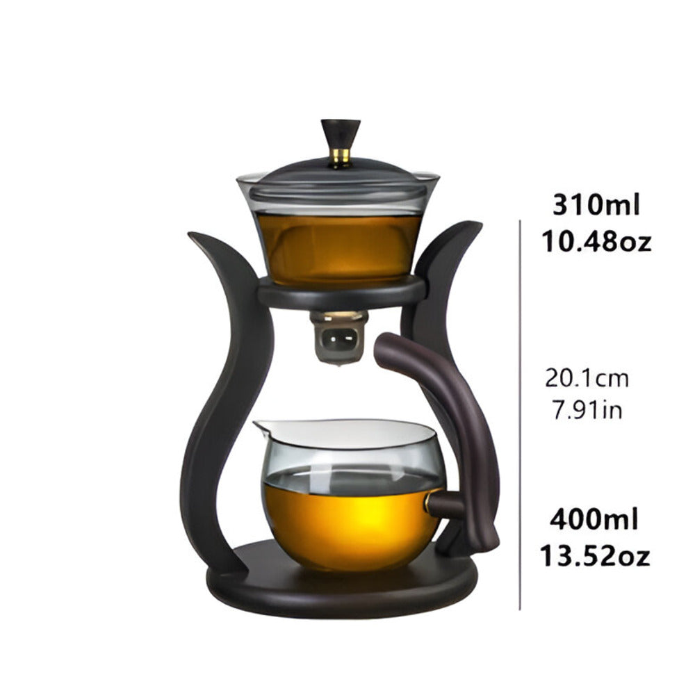Fitlybuy Artisan magnetic glass teapot set with infuser in a dark wood finish, showing dimensions and tea capacity.