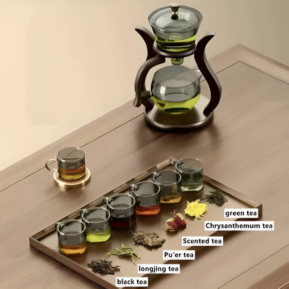Fitlybuy artisan magnetic glass teapot set with infuser, matching cups, and various loose-leaf teas on a wooden table.