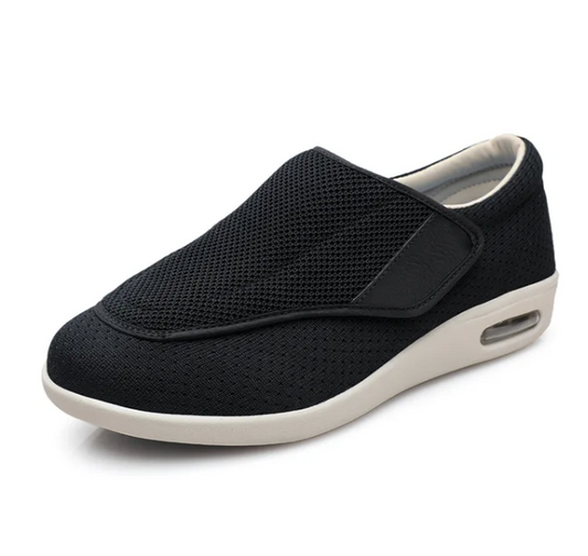 Fitlybuy ComfortStride black mesh orthopedic walking shoe with Velcro closure and cushioned white air-sole.