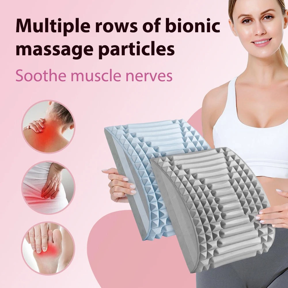 Woman holding blue and grey ergonomic Fitlybuy back stretcher massagers with textured bionic massage particles.